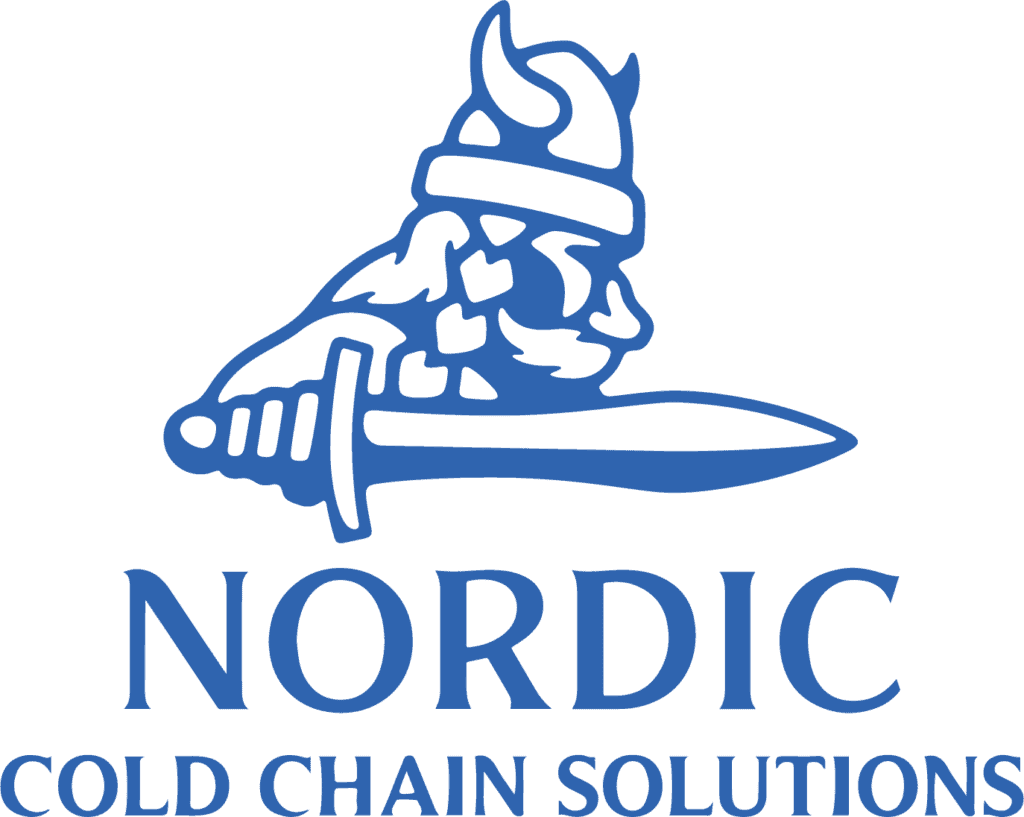 Nordic Cold Chain Solutions logo in blue on transparent background. A viking with a horned helmet, beard, long hair, and sword facing to the right.